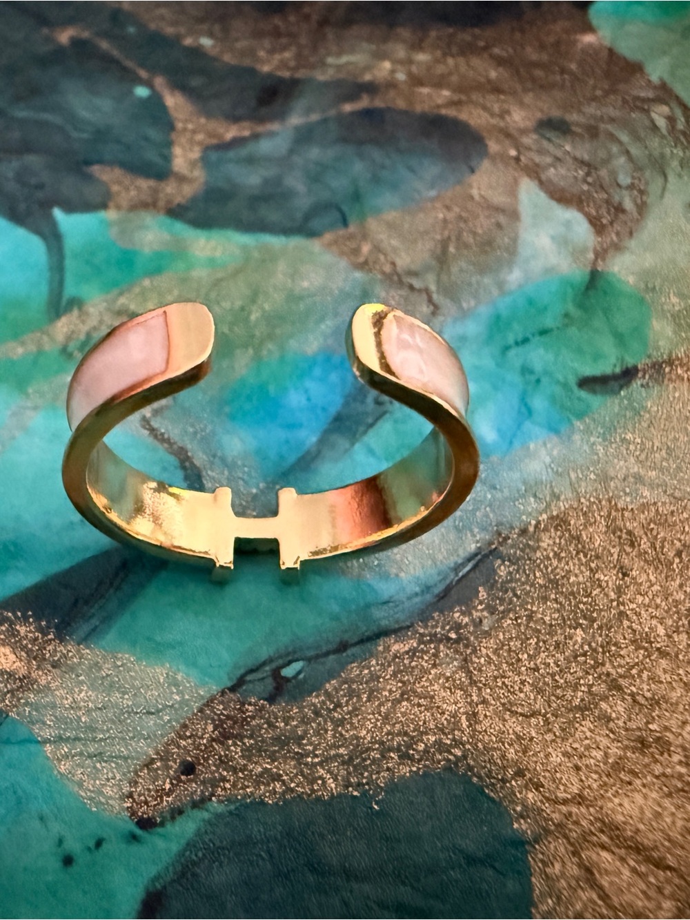 “H” Pave Set in Gold-tone and White Enamel Accent- Open Adjustable Ring - Picture 5 of 8